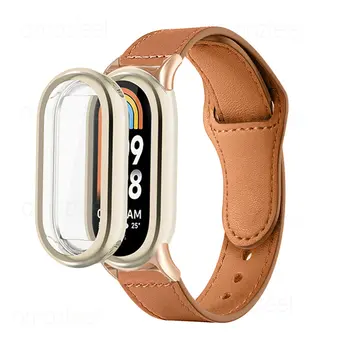 Защитный чехол для Mi Band 8, аксессуары для смарт-браслета, кожаный браслет + чехол для Xiaomi mi band 8, ремешок для часов, рамка для ремня