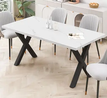 Современный квадратный обеденный стол 70,87 дюйма со столешницей из набивного мрамора + ножка стола X-образной формы, Внутренняя мебель для ресторана