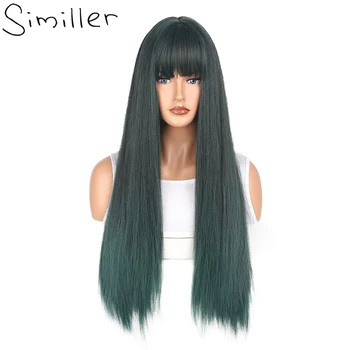 Женские длинные синтетические парики Similler, прямые волосы с челкой, темно-зеленый парик цвета мули для повседневного использования, часть косплея