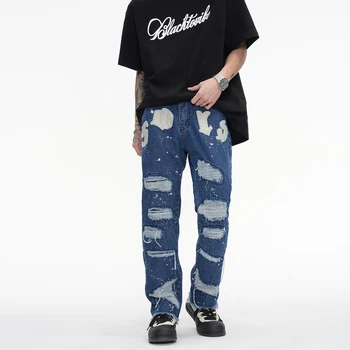Джинсы-клеш в стиле хип-хоп, выстиранные, разрушенные, Американские рваные джинсовые брюки для мужчин, уличная одежда, пятна чернил, широкие джинсы из денима для мужчин