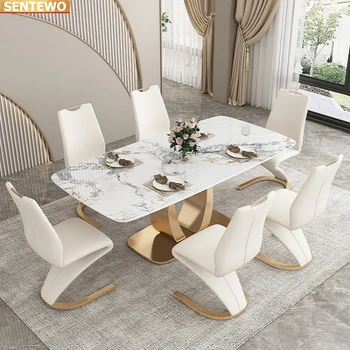 Дизайнерская роскошная столовая из мраморной плиты обеденный стол с 4 стульями mesa de jantar esstisch marbre Основание из нержавеющей стали и золота