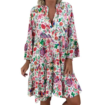 Летнее платье Для женщин 2023, Шифоновое платье с принтом флоры, Короткий Пляжный сарафан в стиле бохо, Повседневные платья-сорочки