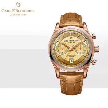 Часы CARL F.BUCHERER хронограф из крокодиловой кожи ремень из розового золота 18 Карат механические Мужские часы С циферблатом цвета Шампанского 00.10919.03.43.01