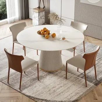 47-дюймовый современный круглый обеденный стол на 4-6 персон, со столешницей из белого спеченного камня, каркасом из сосны, основанием из нержавеющей стали