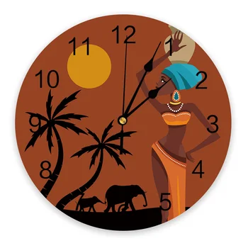 Настенные часы в стиле африканских женщин с пейзажем на закате и слоном, современный дизайн, декор для гостиной, Настенные часы, Домашний декор, настенные цифровые часы