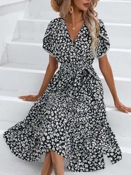 Летнее женское платье, юбка Миди на шнуровке с V-образным вырезом, Повседневные платья с цветочным разрезом для женщин 2023, Новинка
