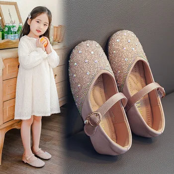 Кожаная обувь для девочек, туфли-бини со стразами, Весна и осень 2023, новые детские тонкие туфли на плоской подошве с кристаллами на мягкой подошве