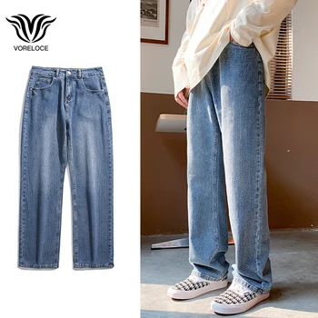 Простые винтажные осенние трендовые брендовые мужские и женские хип-хоп университетские джинсы в стиле колледжа, прямые свободные джинсы y2k, пара повседневных брюк