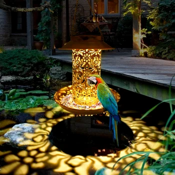 Кормушка для птиц на солнечной энергии, водонепроницаемый подвесной бронзовый металлический поднос с солнечным светом, солнечный фонарь для украшения деревьев в саду на открытом воздухе.