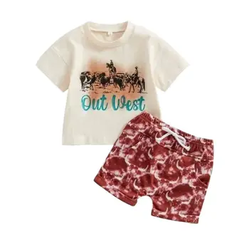 Новая летняя одежда для маленьких мальчиков в западном стиле из 2 предметов, футболка с коротким рукавом, повседневные шорты с завязками, одежда для маленьких мальчиков