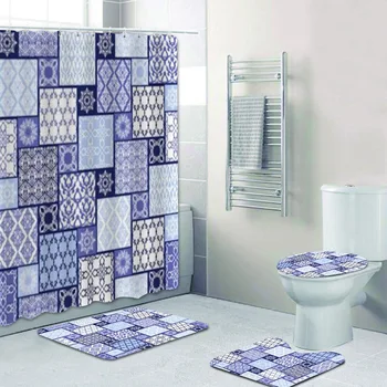 Набор штор для душа с восточно-синим лоскутным рисунком для ванной комнаты Абстрактный Мотив арабского орнамента, Коврики для занавесок для ванной, ковер для унитаза