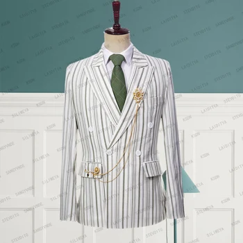 2023 Новые Летние Мужские Высококачественные Белые Льняные Светло-зеленые Полосатые Деловые Официальные Свадебные Джентльменские куртки, пиджаки, пальто