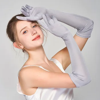 Перчатки из 100% натурального шелка, Летние Длинные солнцезащитные рукавицы, женские трикотажные митенки с полным пальцем, дышащие Солнцезащитные перчатки для вождения.