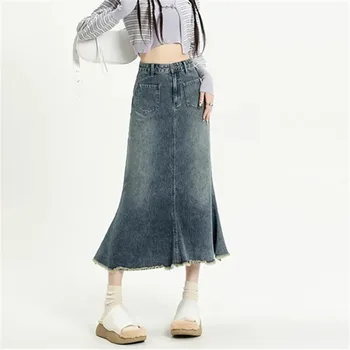 Одежда для женщин, Весна-осень 2023, Винтажная юбка из денима с высокой талией, Корейская мода, Трапециевидные юбки средней длины с рыбьим хвостом, Faldas