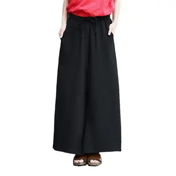 Женские летние хлопчатобумажные льняные брюки в китайском стиле 2023, прямые брюки с высокой талией, большие размеры, свободные повседневные однотонные Широкие брюки 