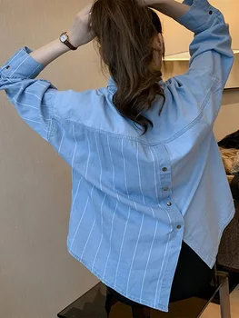 Корейская блузка BF, Женская джинсовая рубашка, Весенне-осенняя Хлопковая верхняя одежда средней длины в полоску, 2023, Топы нового дизайна, Mujer