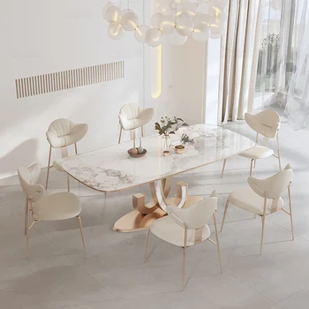 Роскошный обеденный стол в кремовом стиле с каменной плитой, высококлассный дизайн, современный простой семейный обеденный стол и стул прямоугольной формы