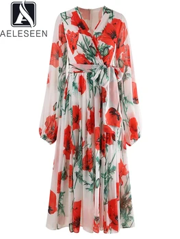 Женское Сицилийское Летнее Шифоновое платье AELESEEN, Модное платье для подиума с V-образным вырезом и рукавом-фонариком, Красный Цветочный принт, Элегантный бант, Длинная вечеринка