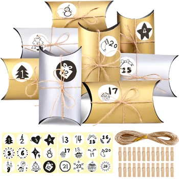 24 комплекта Подарочных коробок Merry Christmas Золотисто-серебристой формы из Крафт-бумаги в форме подушки, коробка конфет для Рождественской вечеринки в стиле деко, набор упаковочных пакетов с наклейками