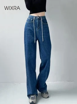 Женские широкие джинсовые брюки Wixra, женская повседневная уличная одежда, базовые прямые свободные джинсы на шнуровке, Новинка
