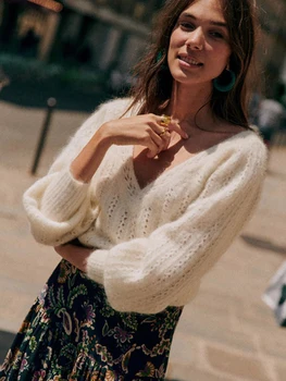 ZESSAM/ Однотонный жаккардовый вязаный свитер с V-образным вырезом и длинным рукавом, Свободный женский пуловер с вырезами, повседневные уютные женские топы