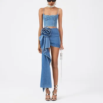 Многоуровневая Длинная отделка с 3D розами, хлопковая джинсовая мини-юбка, модная универсальная женская юбка Y2k для Хай-Стрит, новинка весны 2023 года