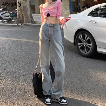Джинсы, женская свободная уличная одежда, выстиранная, шикарная винтажная мода с высокой талией, весенняя новинка, универсальные прямые вставки в корейском стиле полной длины.