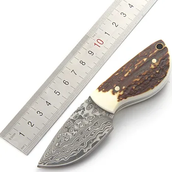 Рукоятка из оленьих рогов Лезвие из дамасской стали Походный нож Охотничьи ножи для выживания в кожаных ножнах фиксированный EDC нож