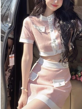 Летний Розовый сладкий комплект из двух предметов, женские элегантные юбки Y2k с высокой талией, костюм, женские мини-юбки в корейском стиле, Винтажный костюм, новинка 2023 года