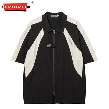 Уличная одежда Harajuku Oversize, рубашка, пальто в американском стиле хип-хоп, Двойная молния, лоскутная куртка с коротким рукавом, Свободный хлопковый топ 2023