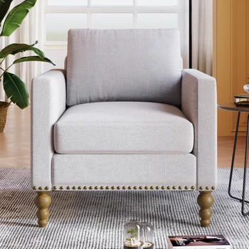 Классическое льняное кресло, акцентный стул с бронзовой отделкой в виде гвоздей, деревянные ножки, односпальный диван-кушетка для гостиной\