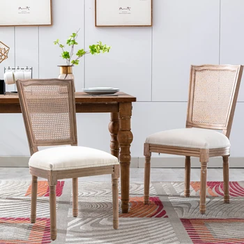 Набор обеденных стульев для фермерского дома из 2-х предметов со спинкой из ротанга; французские стулья для столовой в стиле кантри; винтажный стул с тканевой обивкой.