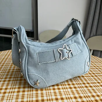 Винтажная джинсовая сумка Y2k, женская сумка, милые кошельки со звездами, модная сумка для крутых девушек, повседневная сумка подмышками, женские сумки-тоут