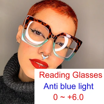 Элегантные Прозрачные зеленые леопардовые очки для чтения, женские квадратные очки большого размера, синие светозащитные очки для компьютерных жен + 2