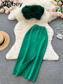 Зеленые Женские трикотажные комплекты из двух предметов, майки, Сексуальный короткий топ + эластичная талия, трикотажная длинная юбка с разрезом, Модные однотонные женские костюмы