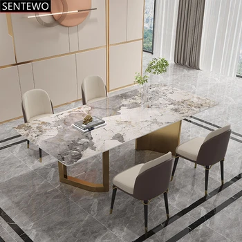 Роскошный дизайнерский обеденный стол из мраморной плиты, 4 6 стульев, мебель mesa de jantar comedor esstisch, Нержавеющая сталь, золотое основание