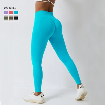 Бесшовные трикотажные штаны для йоги, женские однотонные спортивные леггинсы с высокой талией и контролем живота, женские облегающие тренировочные колготки для бега.