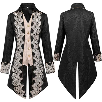 Мужской средневековый фрак в стиле Стимпанк, куртка, Винтажный черный кружевной готический Викторианский сюртук, униформа, костюм на Хэллоуин в стиле Ренессанс 3XL