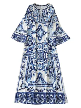 Новейшее осеннее свободное платье Макси для подиума, женское сине-белое фарфоровое платье с цветочным принтом, Богемное платье с разрезом по бокам, длинное платье-халат