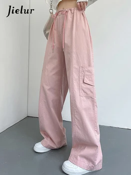 Повседневные женские брюки-карго Jielur с прямыми завязками, полная длина, Высокая талия, однотонные Свободные женские брюки розового, черного, абрикосового цвета.