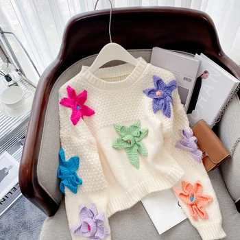 Укороченный свитер, Женские вязаные пуловеры, аппликации, Радужный цветочный O-образный вырез, Свободные модные осенне-зимние Женские джемперы, повседневные