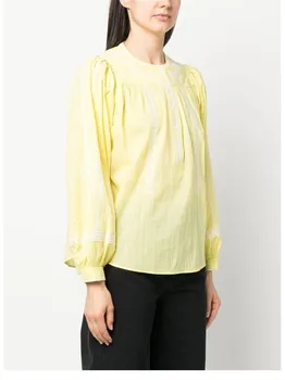 Женская блузка с кружевной отделкой и вышивкой, желтая милая женская рубашка с круглым вырезом и длинным рукавом на пуговицах 2023, Весна-лето