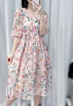Весна и лето 2023, новая женская одежда, шелковое платье с V-образным вырезом и цветочным принтом на шнуровке 0328