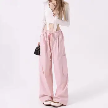 Модные женские розовые брюки-карго в стиле хип-хоп, уличная одежда с высокой талией и шнурком, Широкие женские летние брюки с множеством карманов
