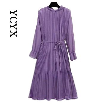 YCYX/ Женское Весенне-осеннее Новое Прессованное плиссированное Шифоновое платье на шнуровке, элегантные платья с длинной юбкой для женщин