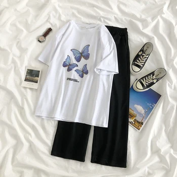 Одноместный костюм, летние новые студенческие свободные широкие брюки, женская корейская модная футболка с короткими рукавами и принтом бабочки, комплект из двух предметов