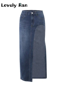 Весенняя синяя джинсовая юбка Y2K в стиле ретро, женская модная длинная юбка с разрезом по бокам, женская летняя Прямая джинсовая юбка-карандаш миди-юбки