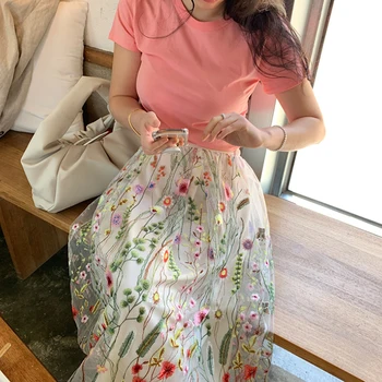 Женские юбки в корейском ретро-стиле, универсальные, с высокой талией, с тонкой вышивкой в виде цветка, трапециевидной формы, с широкими распашными юбками, длинная облегающая юбка в пол-тела
