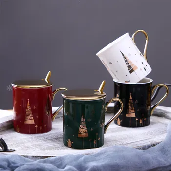 Скандинавская Керамическая Легкая Роскошная Рождественская Кофейная кружка с крышкой и ложкой, креативная Чайная чашка, Фарфоровая кружка для завтрака, Молочная кружка, Рождественский подарок