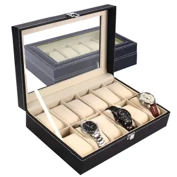 Большая коробка для хранения часов из искусственной кожи с 6/10/12 сетками, Профессиональный держатель-органайзер для часов, Шкатулки для ювелирных изделий, чехол-дисплей черного цвета